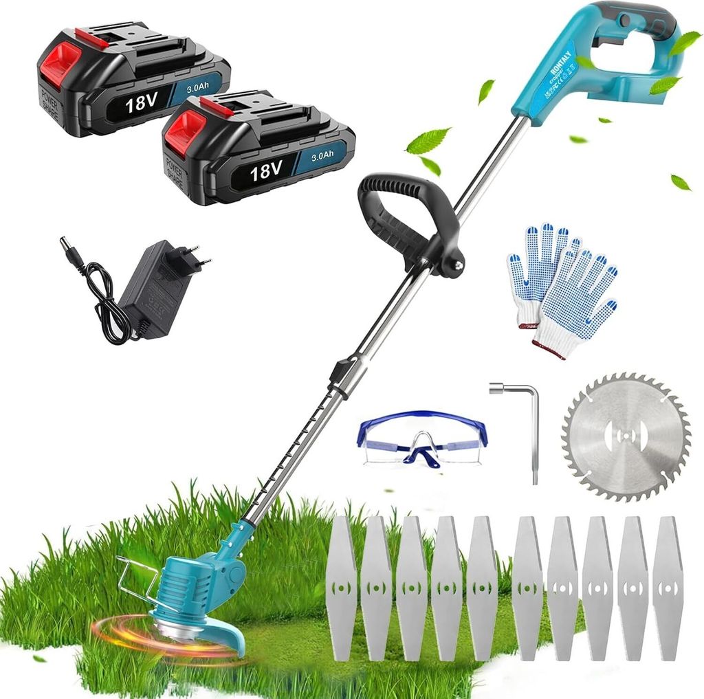Akku-Rasentrimmer, Elektrischer Rasenschneider mit 2 Batterie und Ladegerät, 90° Trimmwinkel, Teleskop-Stiel & Zusatzhandgriff