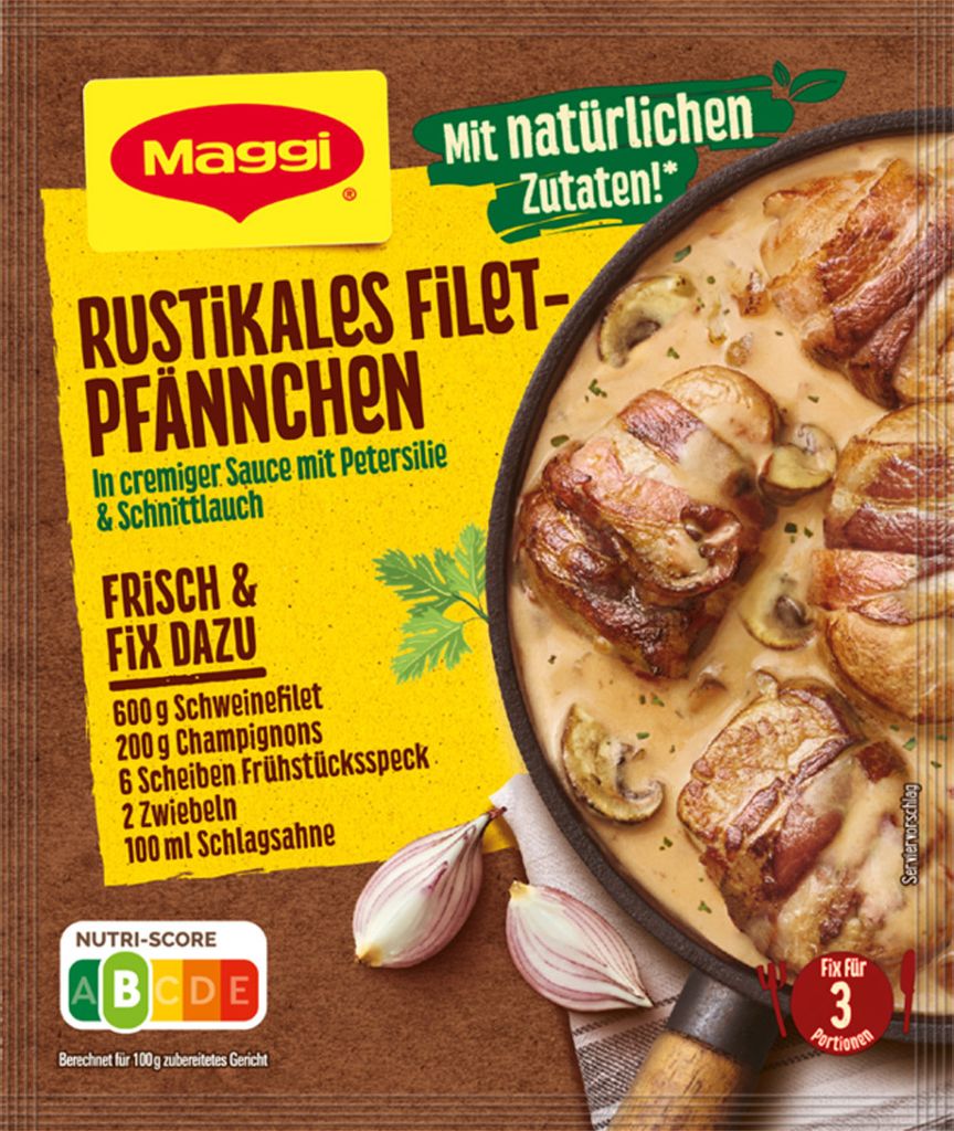 A product package for Maggi Fix for Rustikales Filet Pfännchen, showing an image of the prepared dish.
