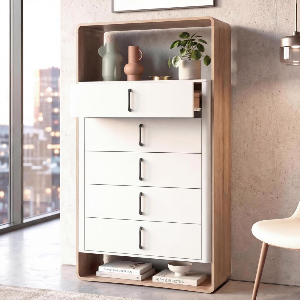 Highboard HWC-P43, Hochschrank Sideboard Kommode, 5 Schubladen MDF 155x80x41cm Wotan-Eiche-Optik, weiß