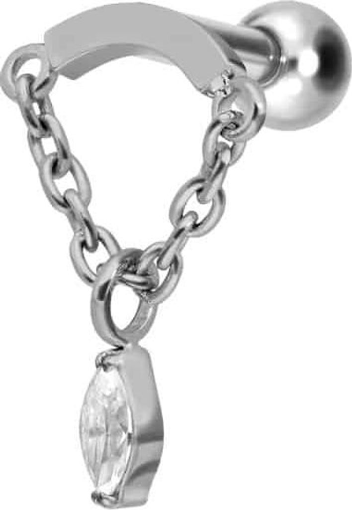 Ohrpiercing Titan Ohrpiercing mit Innengewinde BOGEN + KETTE + KRISTALLTROPFEN Silber Stablänge: 6mm | Discgröße: 10 x 13,5mm