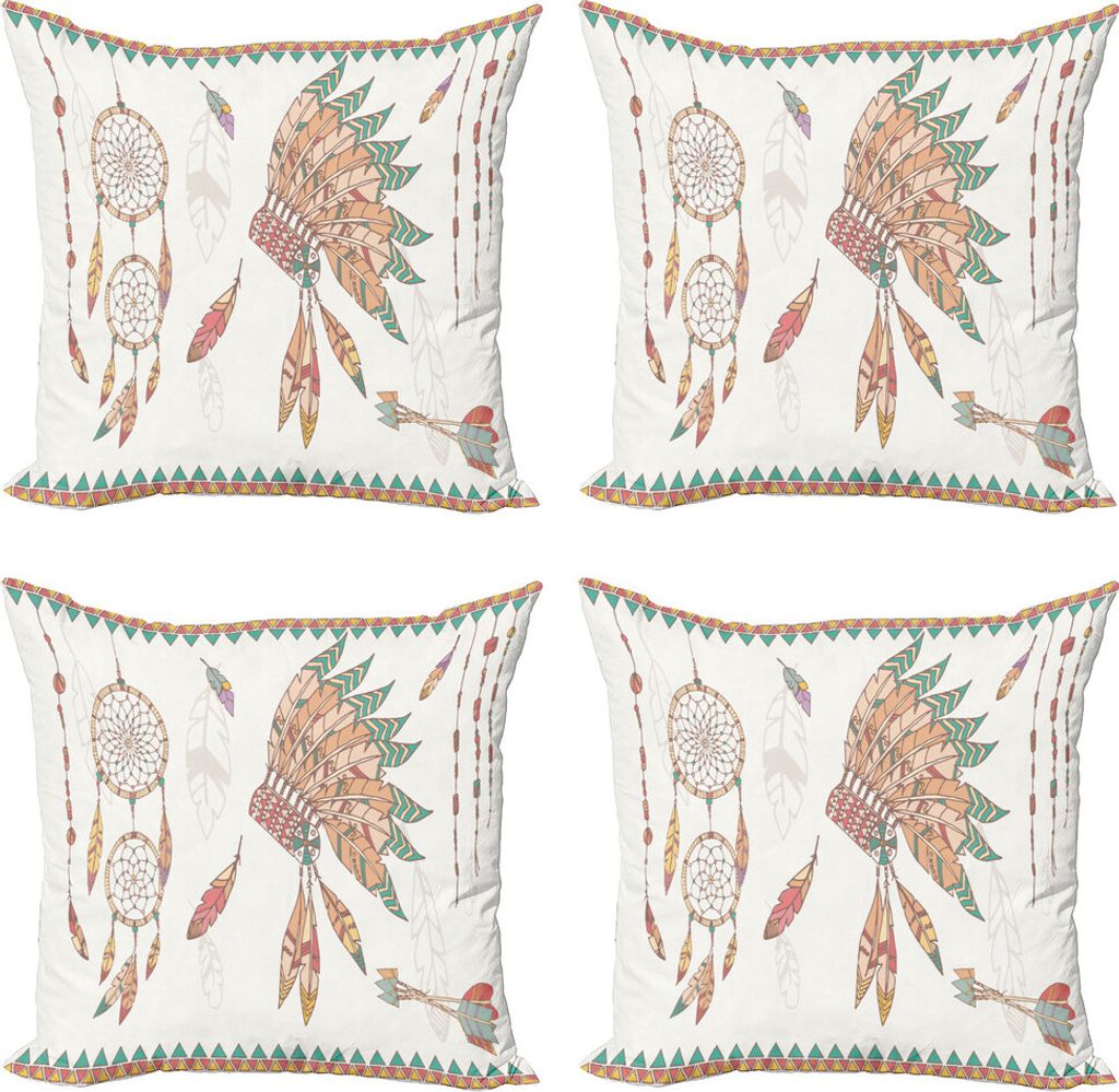 ABAKUHAUS Feder Kissenbezug Set (4 Stück), Stammeshäuptling Kopfschmuck, Moderner Doppelseitiger Digitaldruck, 45 cm x 45 cm, Dunkler Coral Sand ...