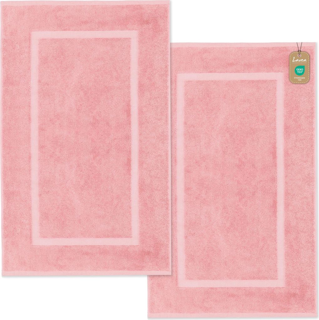 Lavea 2er Set Badematte 50x80 cm – rutschfeste Badematten aus 100% Baumwolle, Frottierserie Elena – Saugstark, Strapazierfähig - Pastellrosa