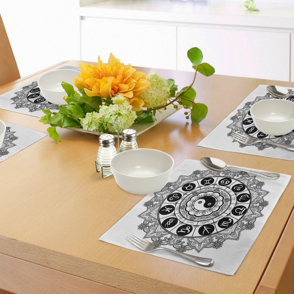 ABAKUHAUS Ying Yang Platzmatten, Rundes Tierkreis-Thema-Design mit Yin Yang Symbol im Mitte-Astrologie-Zeichen-Druck, Tiscjdeco aus Farbfesten Stof...