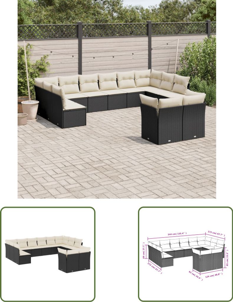 The Living Store 12-tlg. Garten-Sofagarnitur mit Kissen Schwarz Poly Rattan