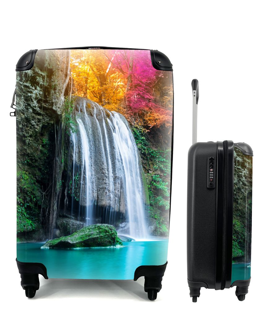 MuchoWow Koffer Handgepäck Trolley Rollkoffer Kleine Reisekoffer mit 4 Rollen - Wasserfall - Bäume - Rosa - Braun - Natur - Cabin Size < 55x40x...