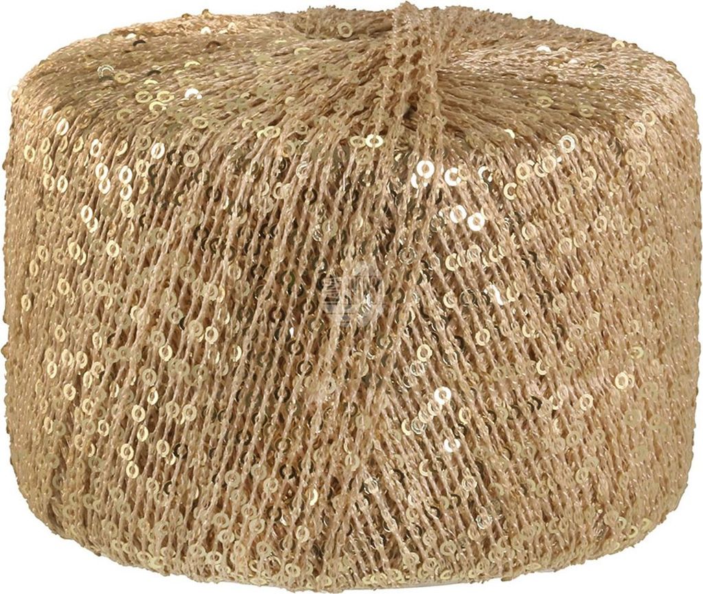 A ball of beige yarn with gold sequins.