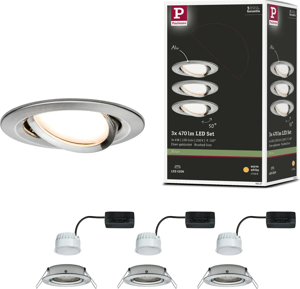 Set 3 Faretti LED Paulmann Nova: Montaggio Diretto 230V e Orientabile - 1