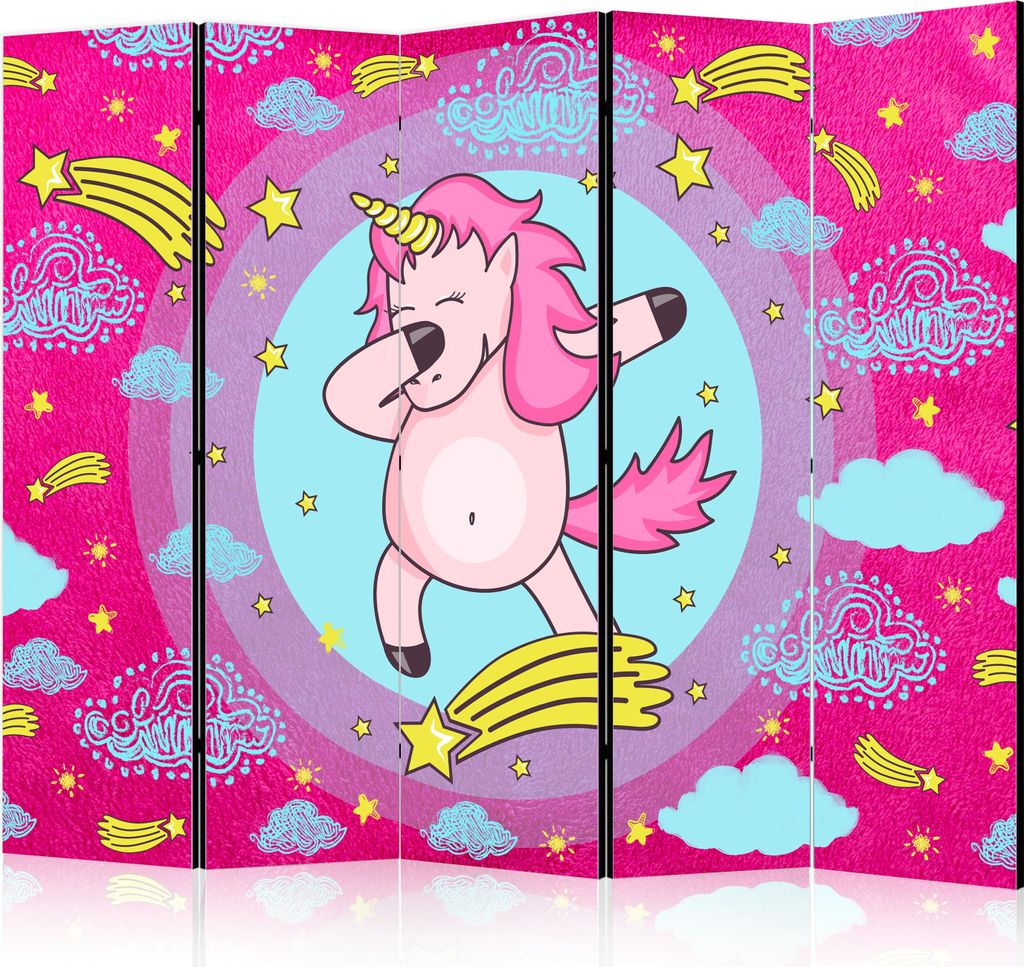 5-teiliger Einseitiger Vlies Paravent - Dancing Unicorn II 225x172 cm Für Kinder e-C-0059-z-c