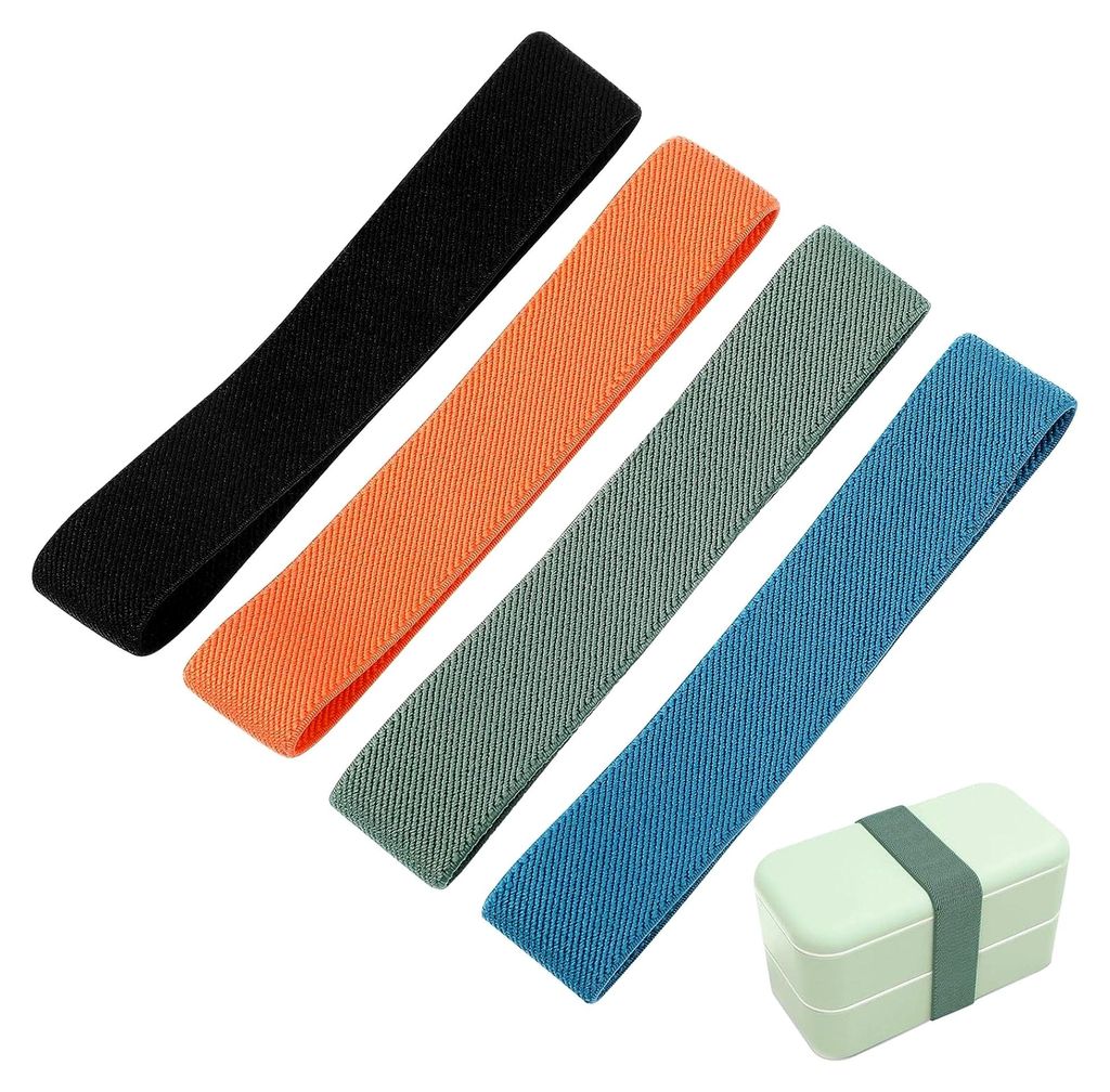 4 Stück Elastische Bento-Kasten Gurte 25 mm Breit in Orange, Schwarz, Blau und Grün – Dehnbare Befestigungsbänder für Lunchboxen, Vielseitig ...