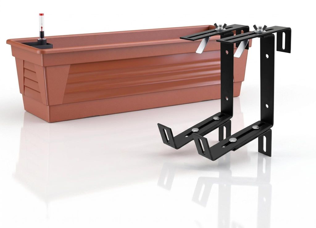 Plastard Blumenkasten 80 cm selbstwässernd mit Hydroeinsatz, Wasserstandsanzeige und stabiler Metallhalterung in Terrakotta