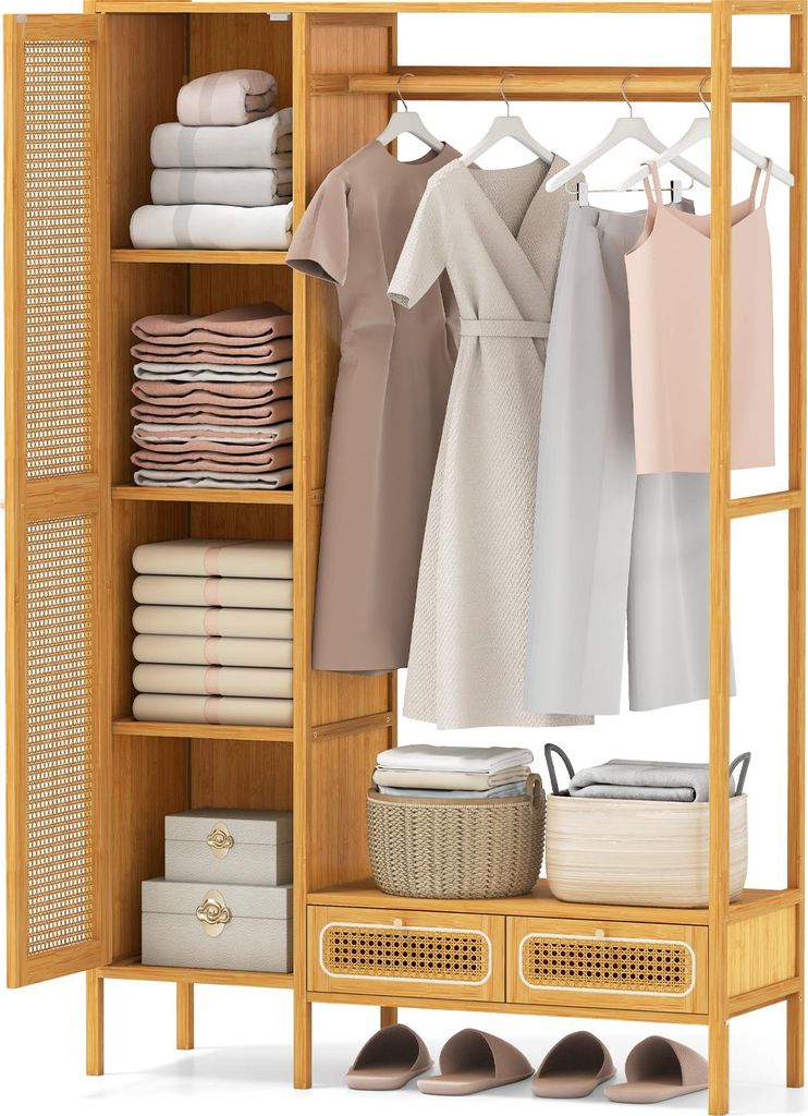 A bamboo wardrobe with clothes and folded items on shelves.