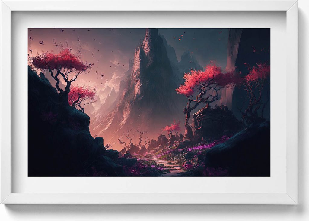 Magischer Wald und Berge– Wandbild mit Rahmen – Gerahmtes Bild – Wanddekoration – 60x40 cm – Schwarz Rahmen