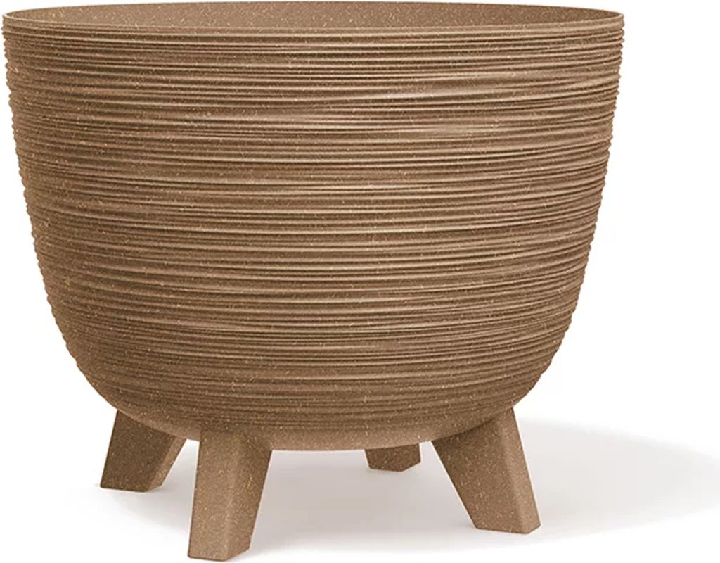 A brown planter pot with a textured surface and three legs, shown against a white background.