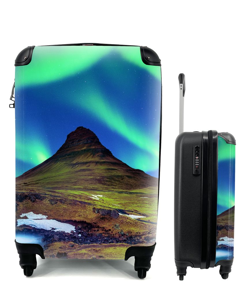 MuchoWow Koffer Handgepäck Trolley Rollkoffer Kleine Reisekoffer mit 4 Rollen - Nordlicht - Sternenhimmel - Island - Berg - Grün - Wasserfall -...