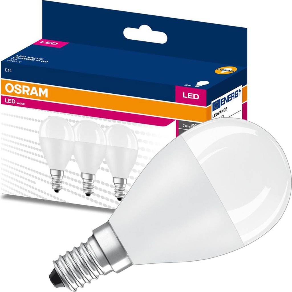 3x Leuchtmittel LED P45 Kugel E14 6,5 W = 60 W 806 lm 6500 K Kaltweiß 150° VALUE CLASSIC Osram