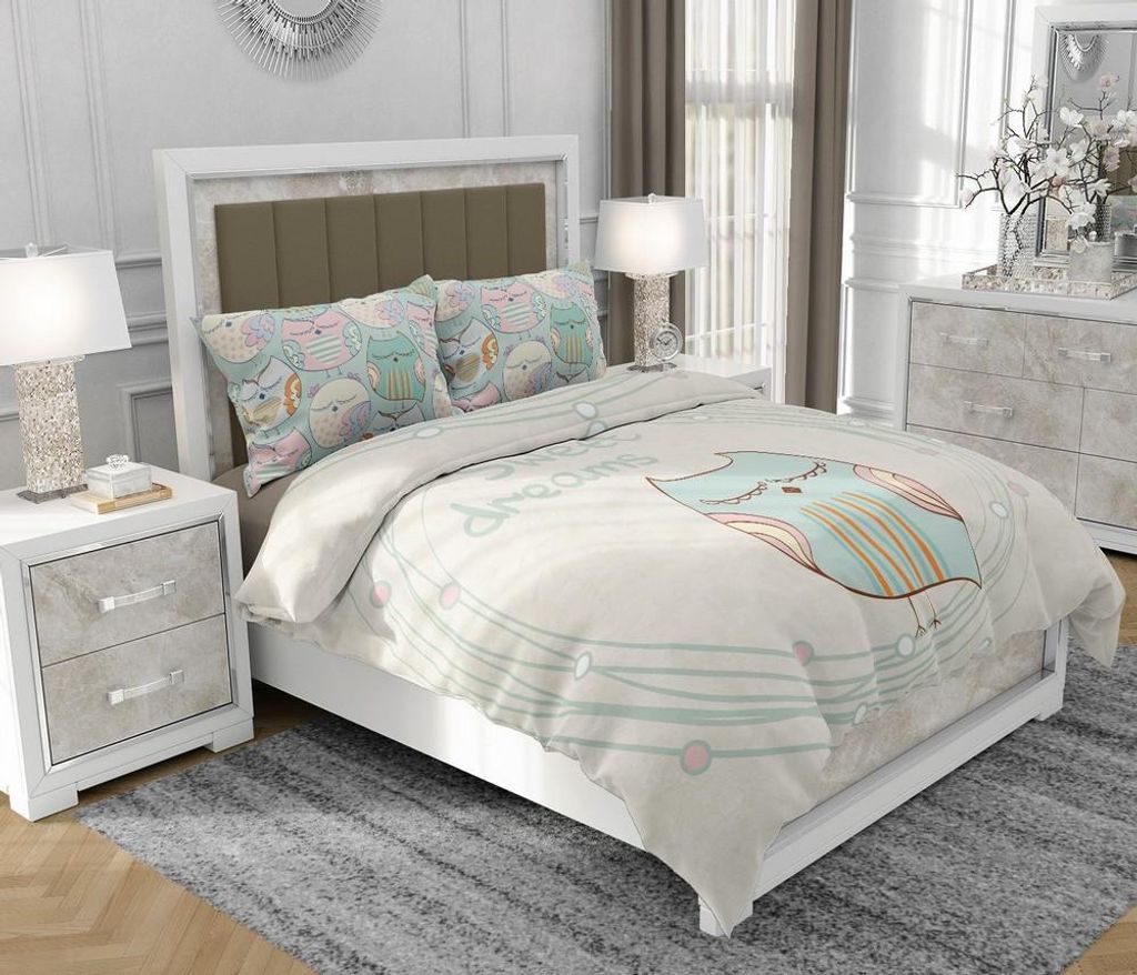 Bettwäsche 140x200 cm + 2x70x80 cm, 3-teilig, 100% Baumwolle, Satin, Reißverschluss, Eule - SOVIO | So.0173