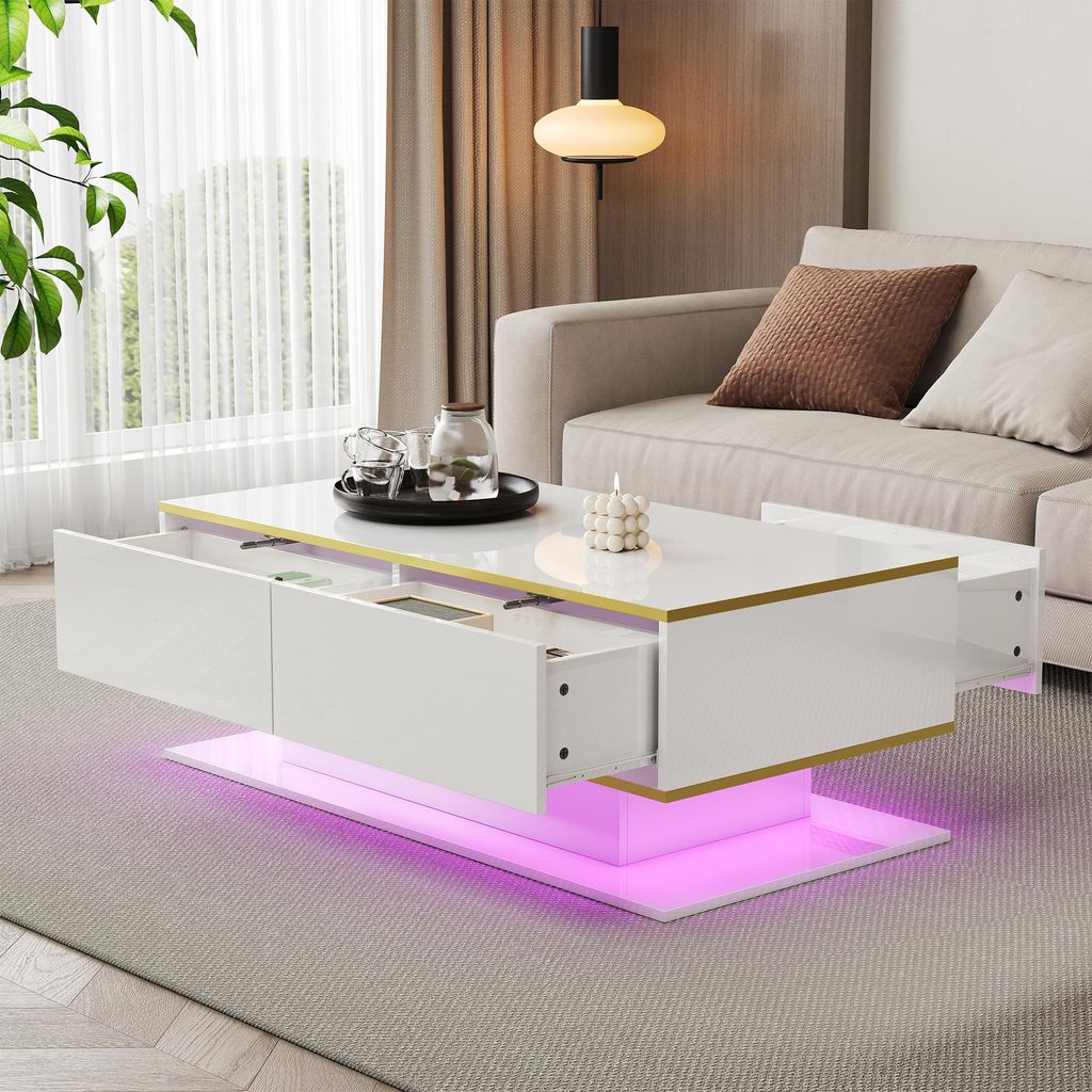 Merax Hochglanzer LED-Couchtisch mit Golddekor, Produktbild 