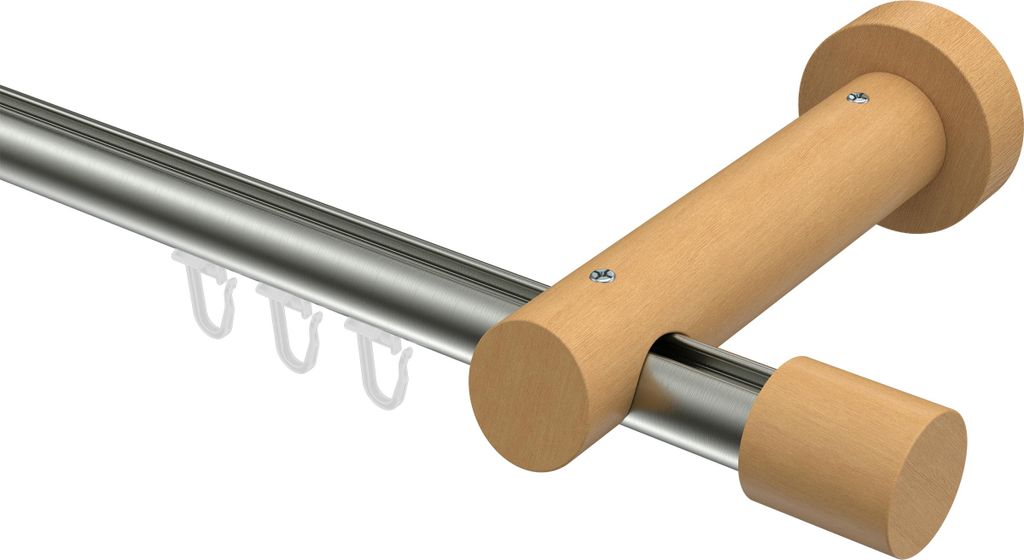 Interdeco Innenlaufstange / Gardinenstange mit Innenlauf Edelstahl-Optik / Buche lackiert, Typ Talent Feta (Kappe), 20 mm Ø 1-läufig, 260 cm