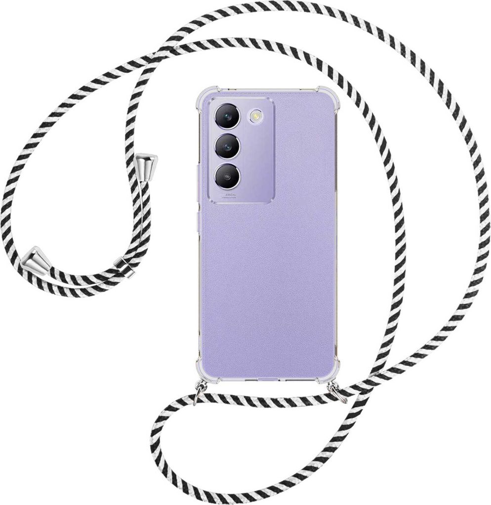 Handykette Backcover-Schutzhülle mit Band (Metall silberfarben) für vivo Y200e 5G / V30 Lite 4G / T3 5G - schwarz/weiß gestreift