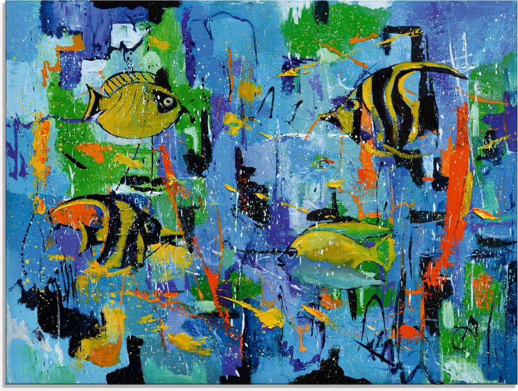 ARTland Glasbild Abstrakt Fische Blau Größe: 80x60 cm
