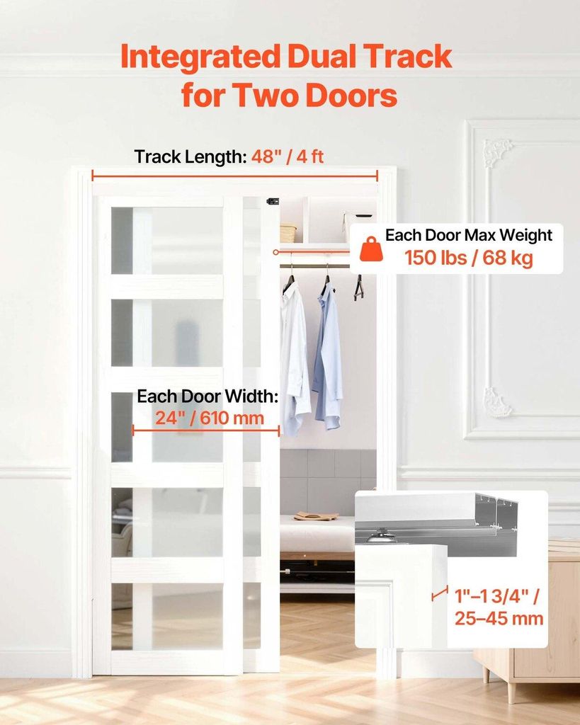 Bypass Sliding Door Hardware Kit, 1219 mm Aluminum Alloy Dual-Track Bypass Door Hardware, Smooth and Quiet Sliding, Easy to Install, for 25 to 45 m...