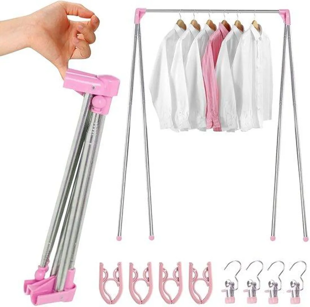 Séchoir pliable rose 34-70 cm avec 4 crochets - Étendoir mural compact