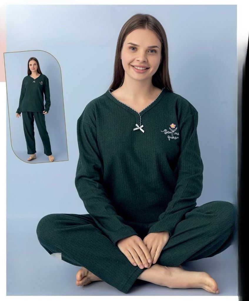 Damen Pyjama Schlafanzug Schwarz XXL Lang Warm 2-Teiler Set C-88