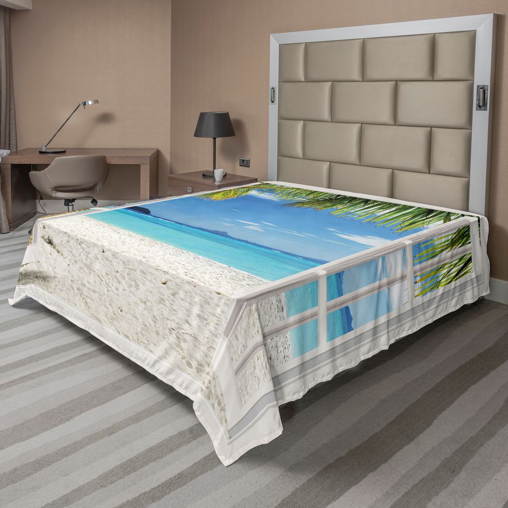 ABAKUHAUS Türkis Bettlaken, Exotische Palmen auf Insel Ozean Strand durch Weiße Hölzerne Fenster Reise, weiches bequemes oberes Bettlaken für e...