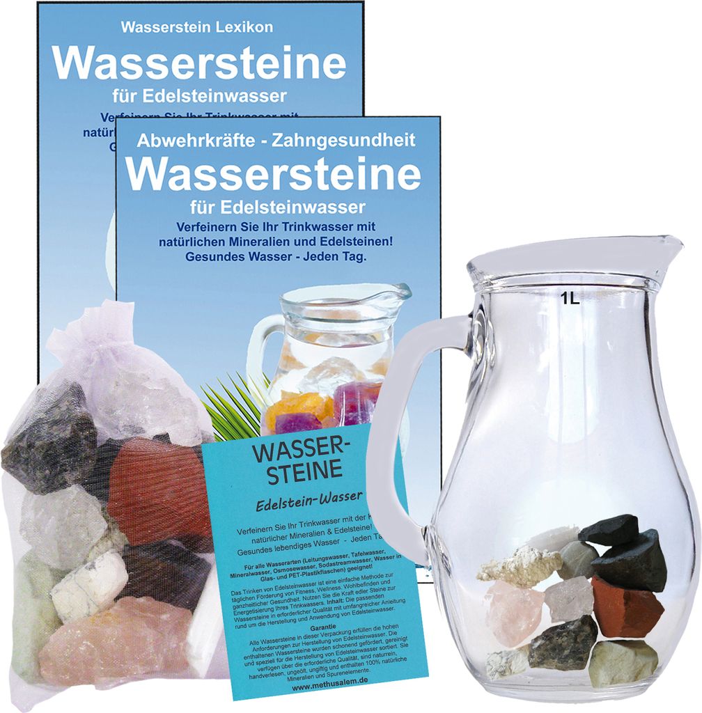Edelstein Wasser Entschlackung 5-tlg Set zum Wasser energetisieren + 1 Liter Glaskrug + Beschreibung