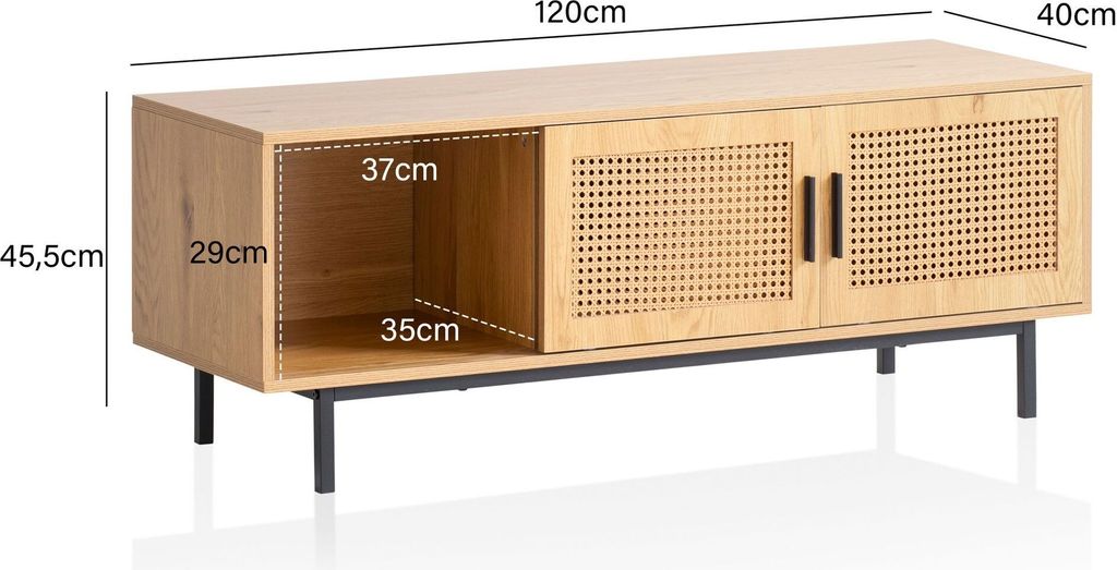 A wooden TV stand with cane-like doors and open shelving, with dimensions indicated by text overlays.