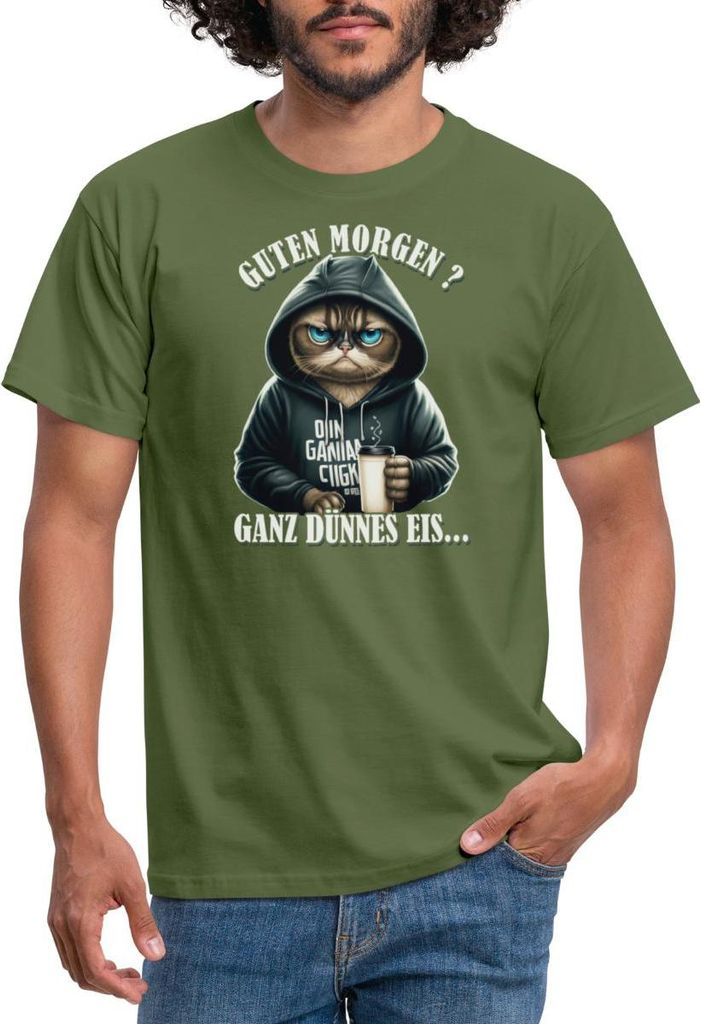 Spreadshirt Guten Morgen Ganz Dünnes Eis Katze Männer T-Shirt, M, Militärgrün