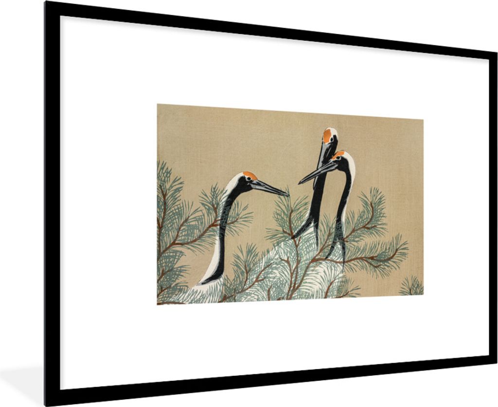 MuchoWow Gerahmtes Poster Kranich - Blätter - Vintage - Japanisch - Skandinavisch 90x60 cm - Poster mit Schwarzem Bilderrahmen Wandposter Rahmen...
