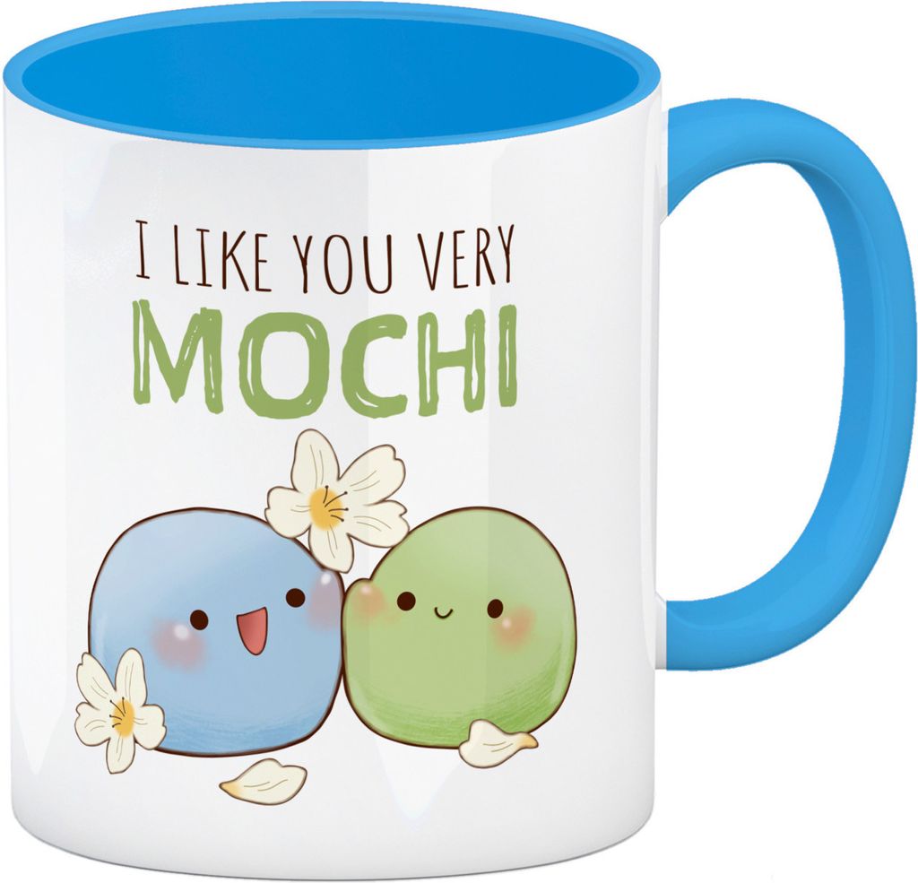 Mochi Freunde Kaffeebecher in hellblau mit Spruch I like you very Mochi