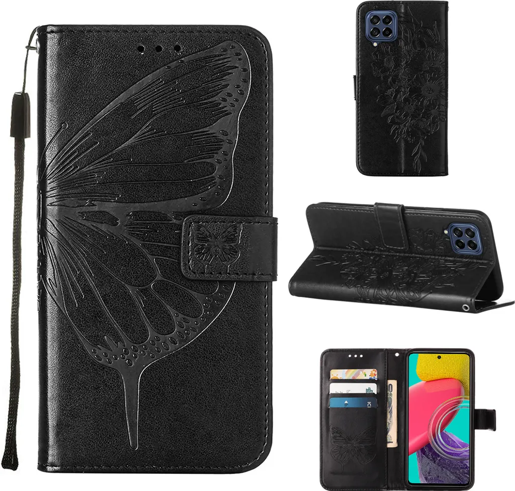 Galaxy M53 5G Case, Butterfly Embossing Flip Leather Card Holder Custodia protettiva in pelle con supporto per Samsung Galaxy M53 5G Nero