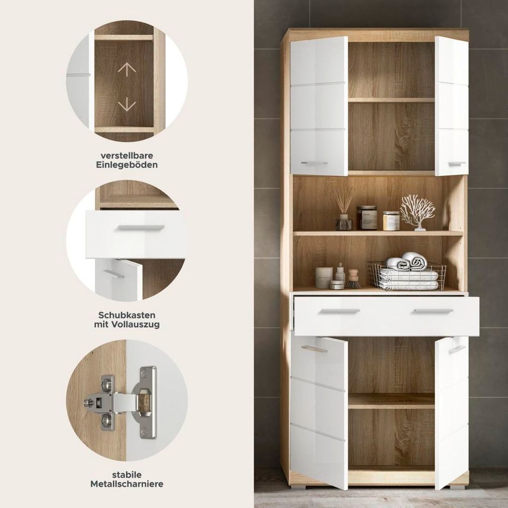 Lambada Hochschrank Bad 4 Türen, 1 Schublade, 2 Regale Weiß Produktbild 