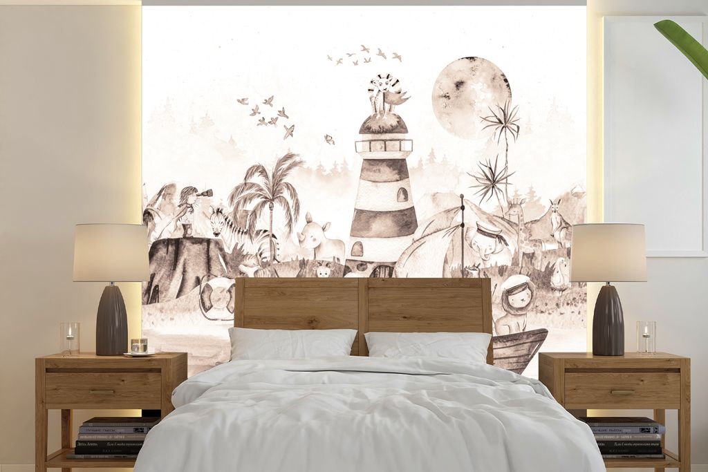 MuchoWow Fototapete für Wohnzimmer oder Schlafzimmer Wandtapete Vinyl Motivtapete Strand - Kinder - Leuchtturm - Alpaka - Meer - Tiere - 240x240...