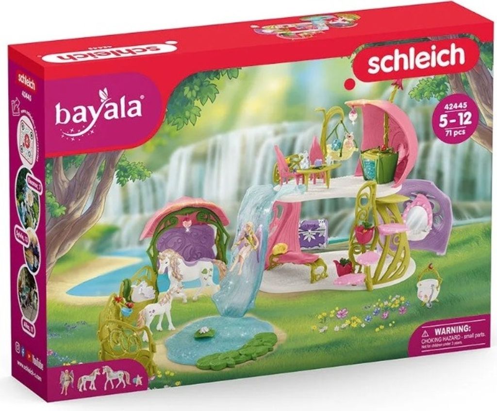 A toy playset of a fairy house with unicorns and a lake, presented in its retail packaging.
