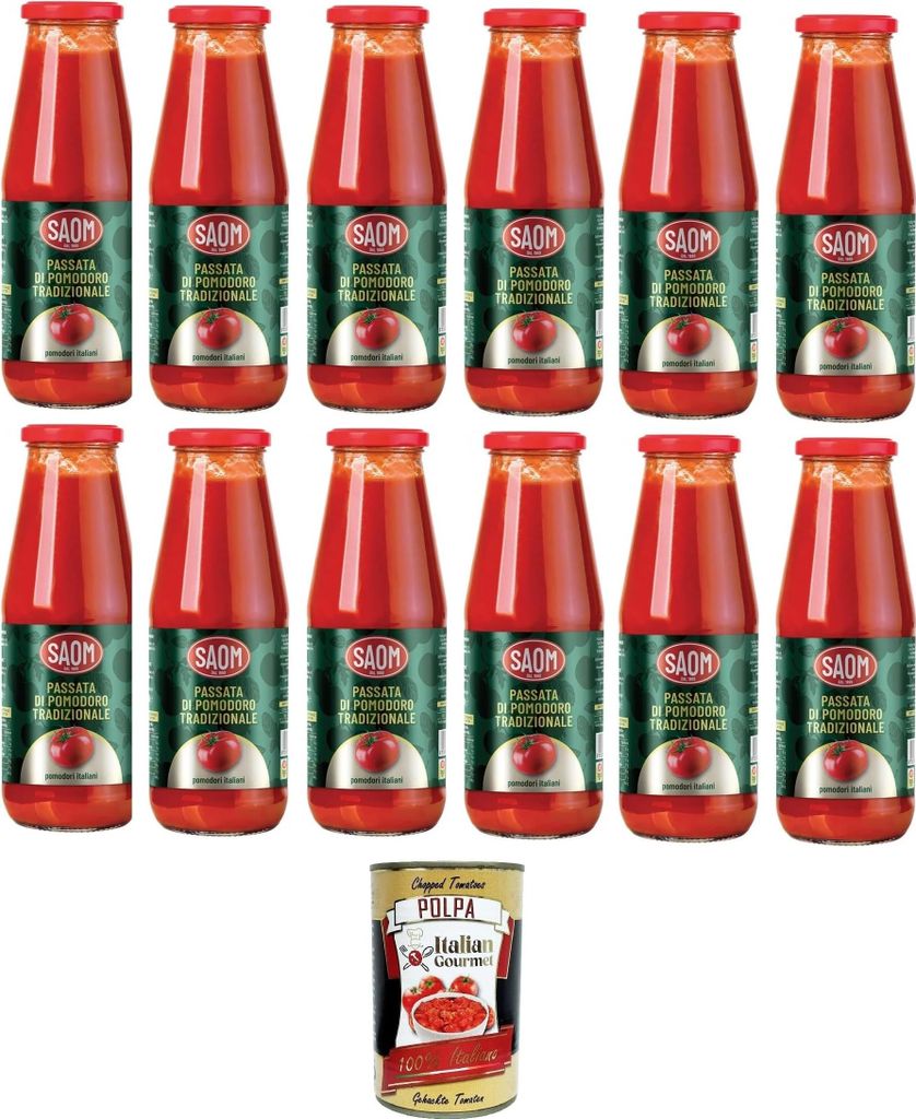 Saom Passata di Pomodoro Tradizionale Classica 680gr in Vetro Traditional Classic Tomatenpüree 680gr im Glas 12x680gr+ Italian Gourmet polpa 400g