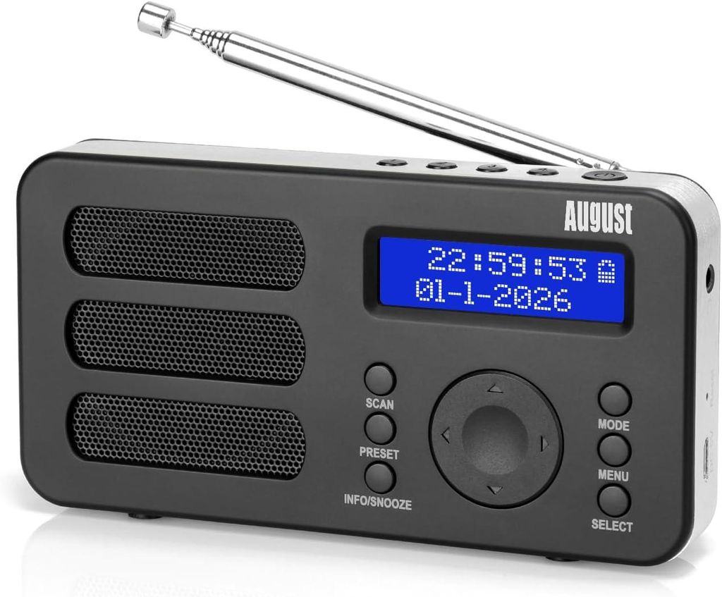 Tragbarer DAB+ FM Alarm Radiowecker Wiederaufladbar AUX 40 Presets - August MB225