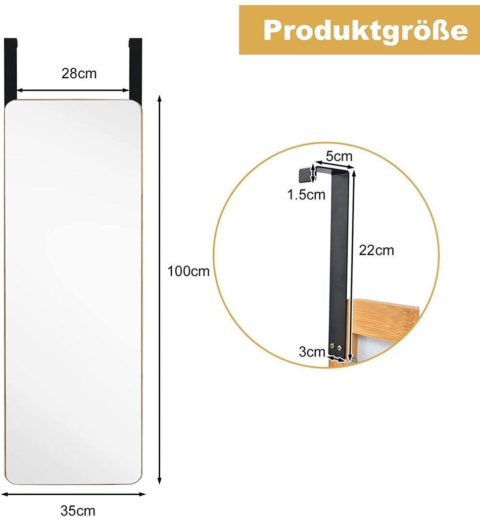 Miroir Mural Suspendu, Miroir De Porte 120 X 37 Cm Avec Crochets De Suspension Pour Chambre Salon Vestiaire Blanc