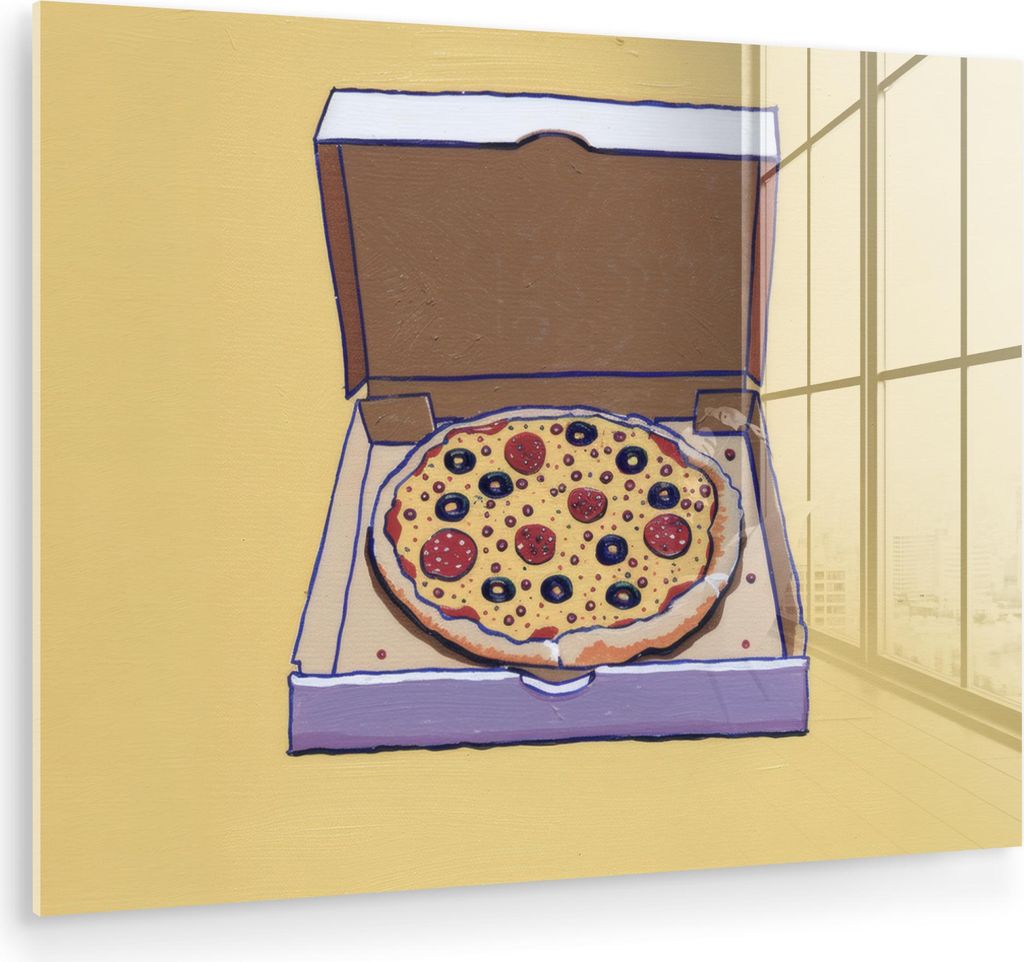 MuchoWow Glasbilder - Bilder auf Wandbild - Foto auf Glas Pizza - Schachtel - Salami - Illustration 40x30 cm Wanddekoration aus Glas - Acrylglasbil...