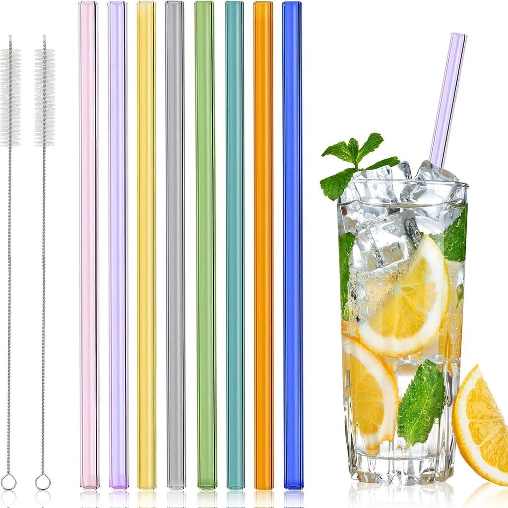 Bunte Glasstrohhalme - mehrfarbig - wiederverwendbar - Cocktails und Smoothies - Reinigungsbürsten