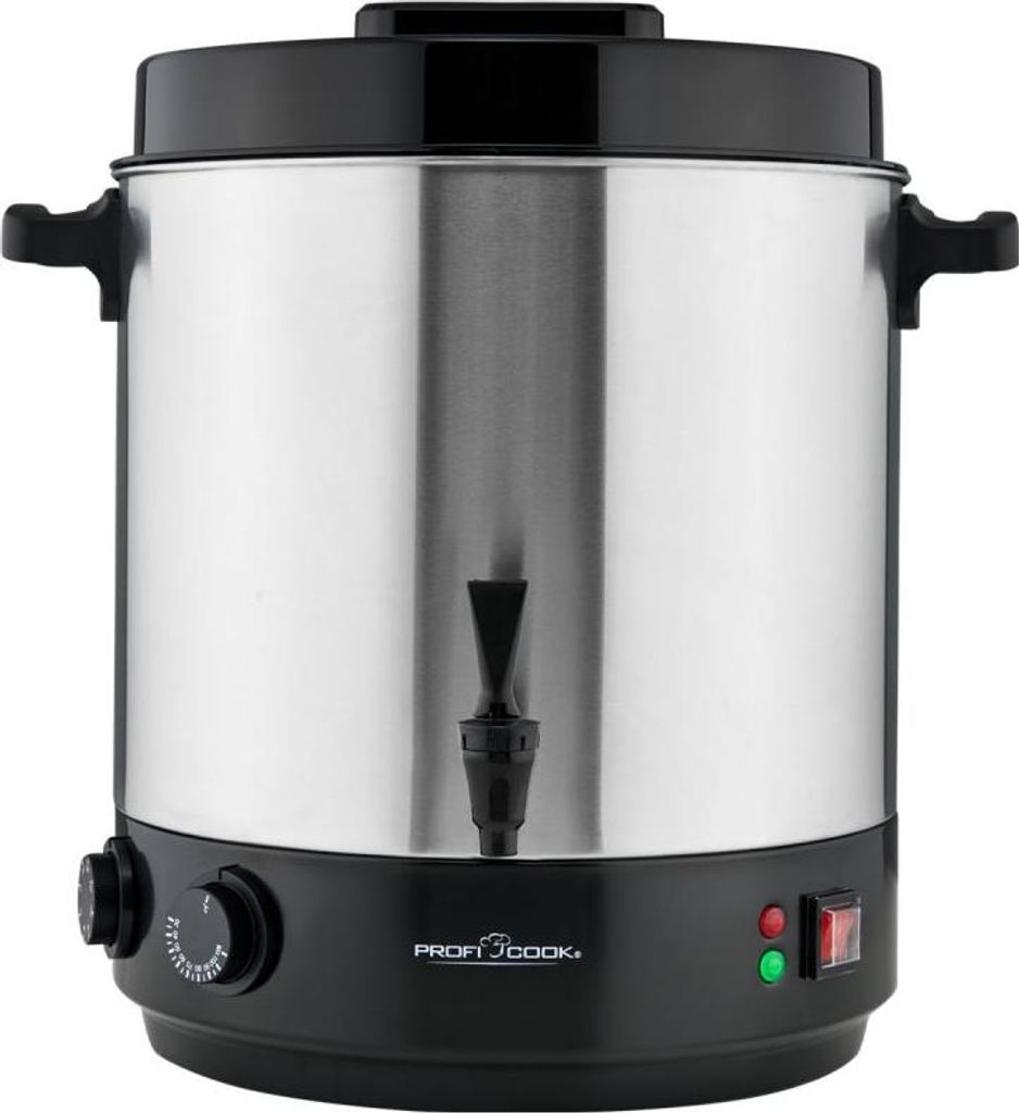 A stainless steel beverage dispenser with a black base and lid.