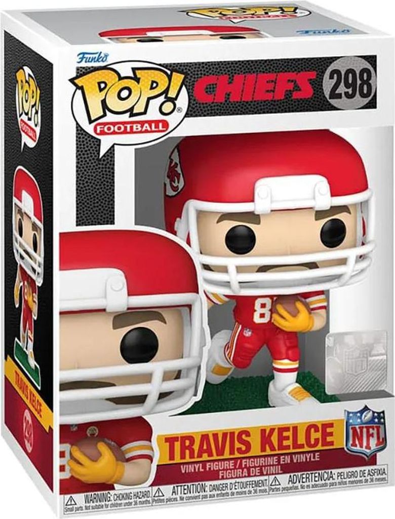A Funko Pop! vinyl figure of Travis Kelce in his Kansas City Chiefs uniform, displayed in its original packaging.
