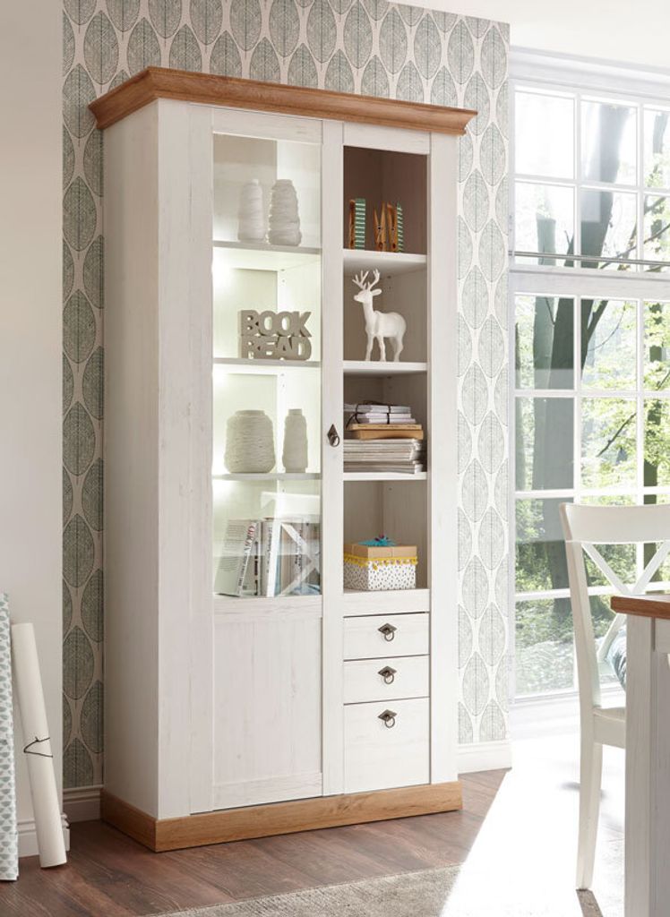 Landhaus Vitrine 102cm pinie weiß / wotan eiche Standvitrine Wohnzimmer