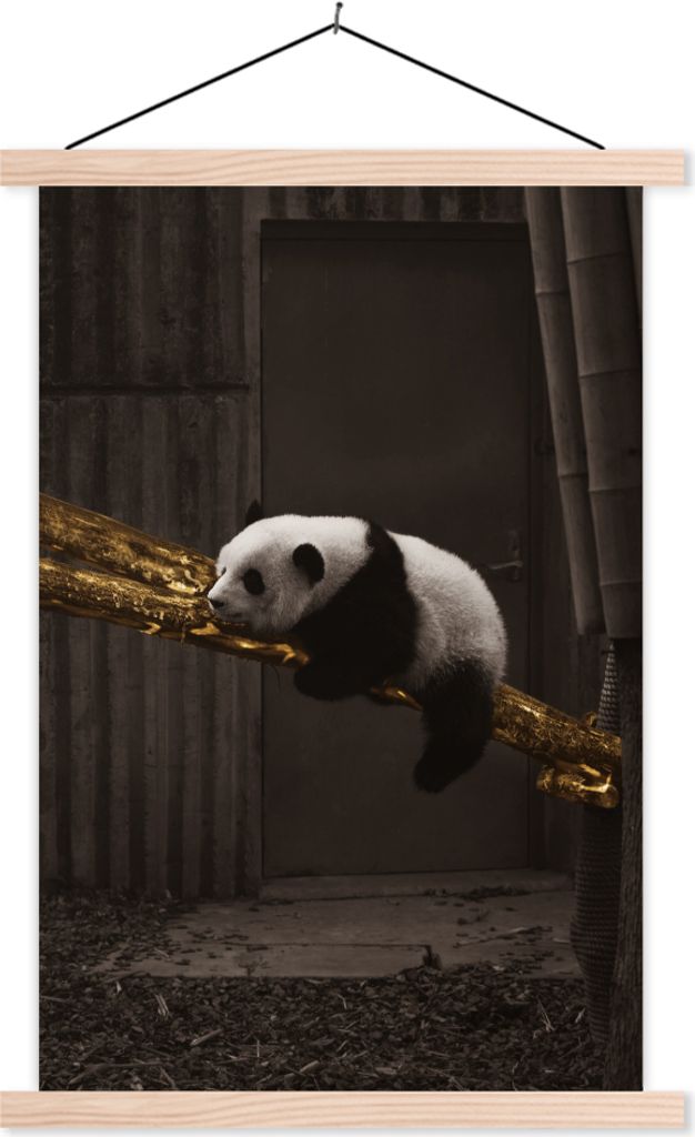 MuchoWow Textilposter Panda - Gold - Schwarz 40x60 cm mit holzfarbenen Rahmen - Poster