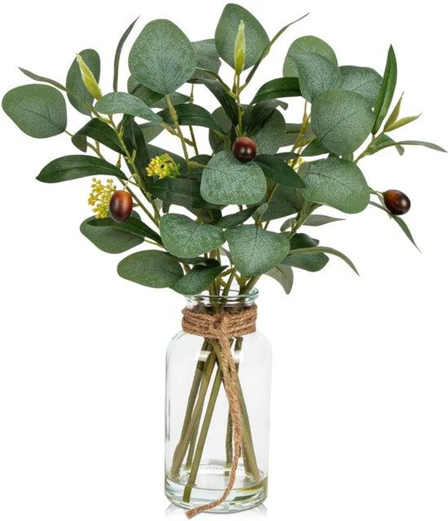 Composition florale artificielle eucalyptus et olives en vase de verre
