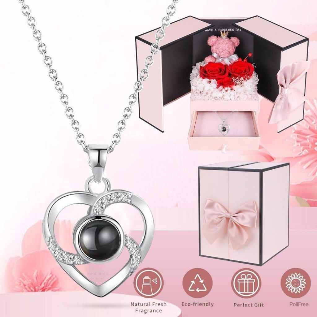 Ewige Echte Rose mit Herz Halskette (Ich Liebe Dich in 100 Produktbild 