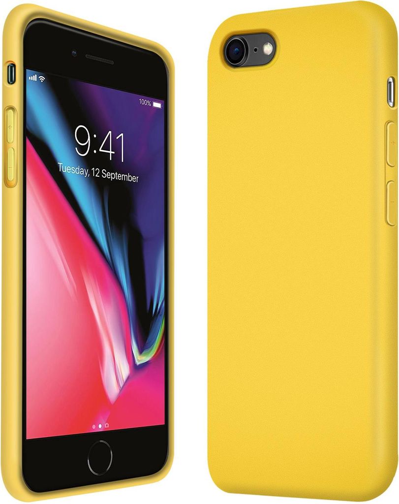 A yellow iPhone case is shown next to an iPhone with a yellow case.