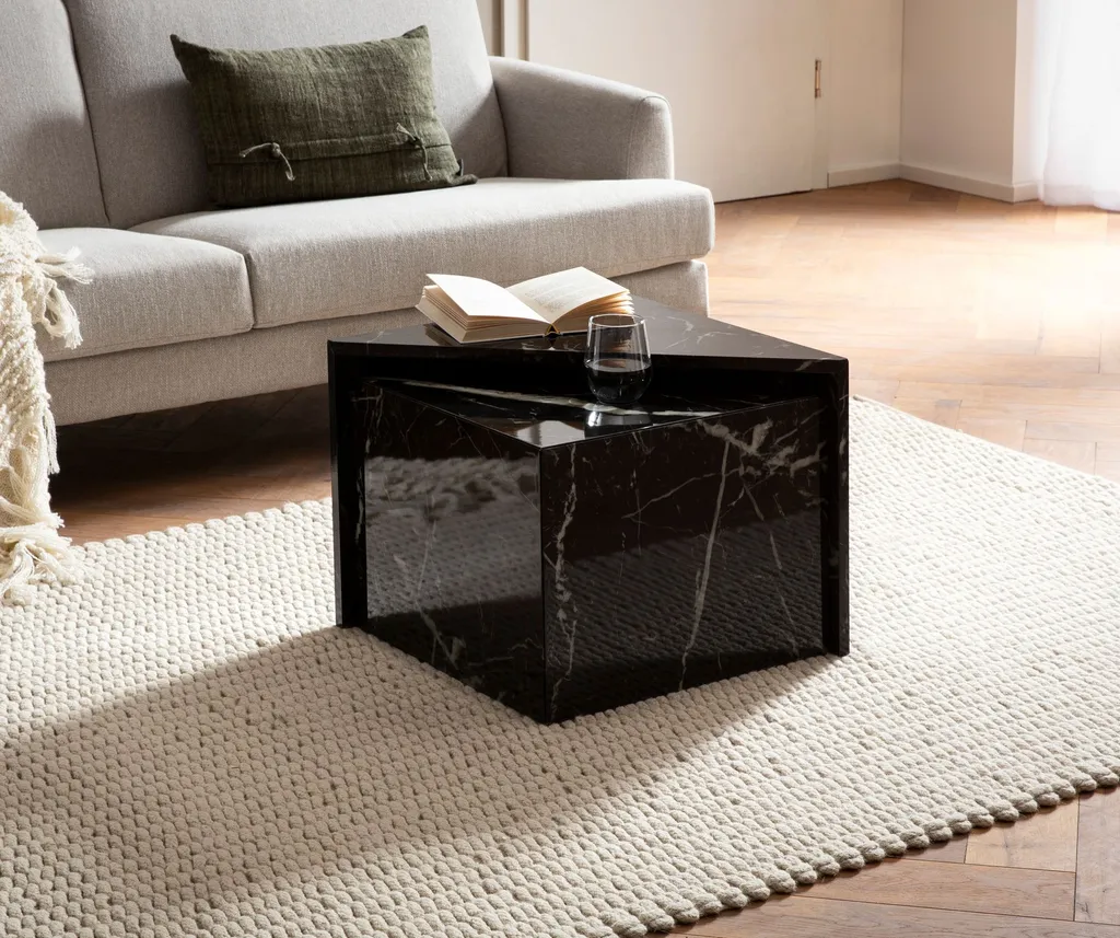 Table basse aspect marbre noir brillant lot de 2 tables emboîtables - 2